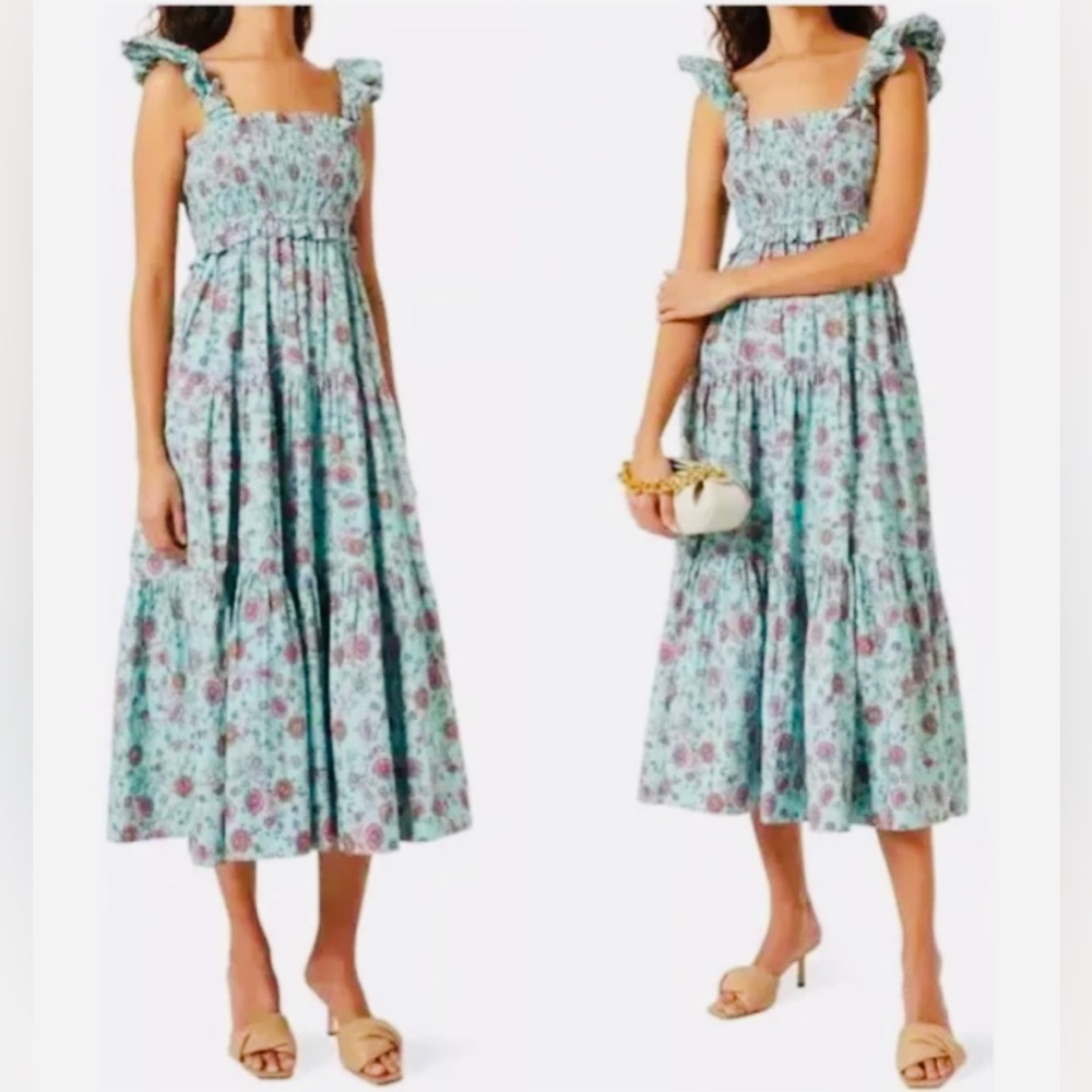 SEA New York NWT Brita Floral Smocked Dress Blue Sz.L Cottagecore Boho Prairie